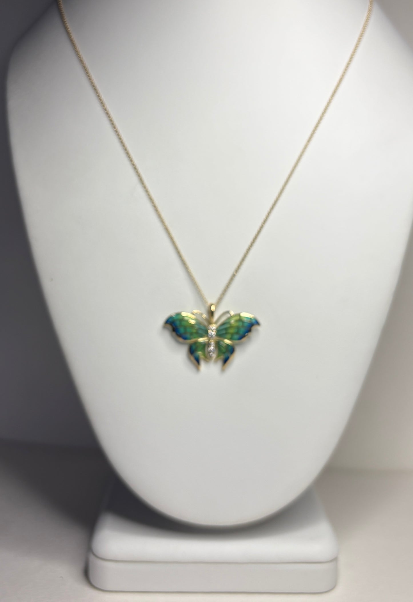 18K Blue Plique-a-Jour Butterfly Pendant-Diamonds