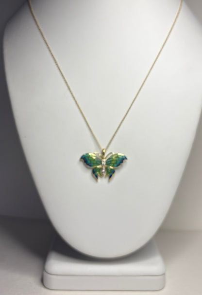 18K Blue Plique-a-Jour Butterfly Pendant-Diamonds