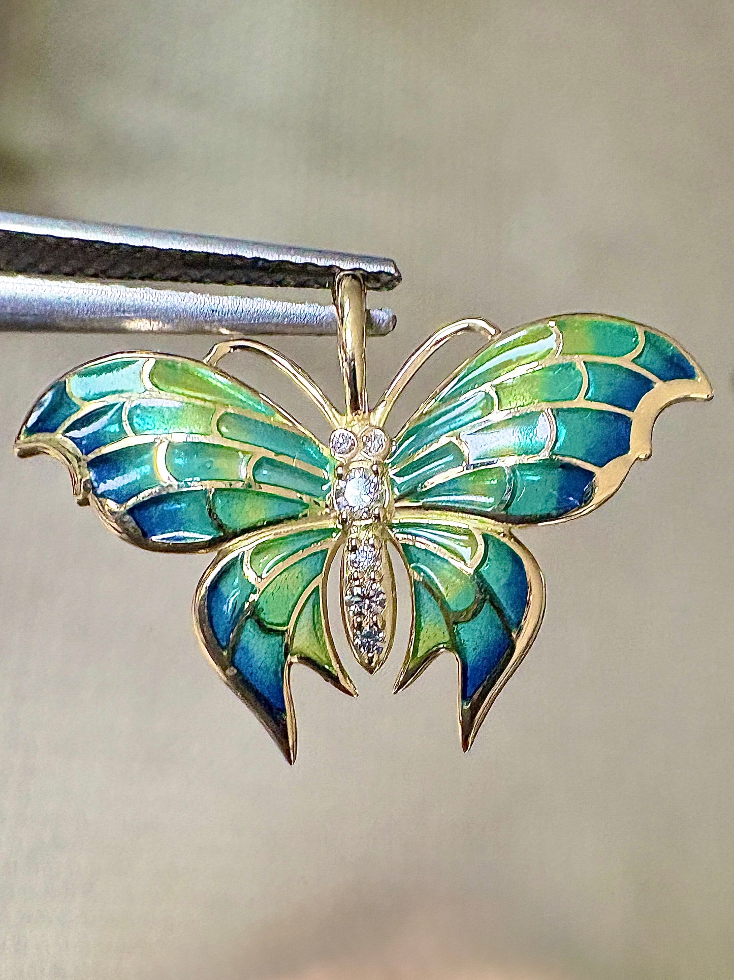 18K Blue Plique-a-Jour Butterfly Pendant-Diamonds