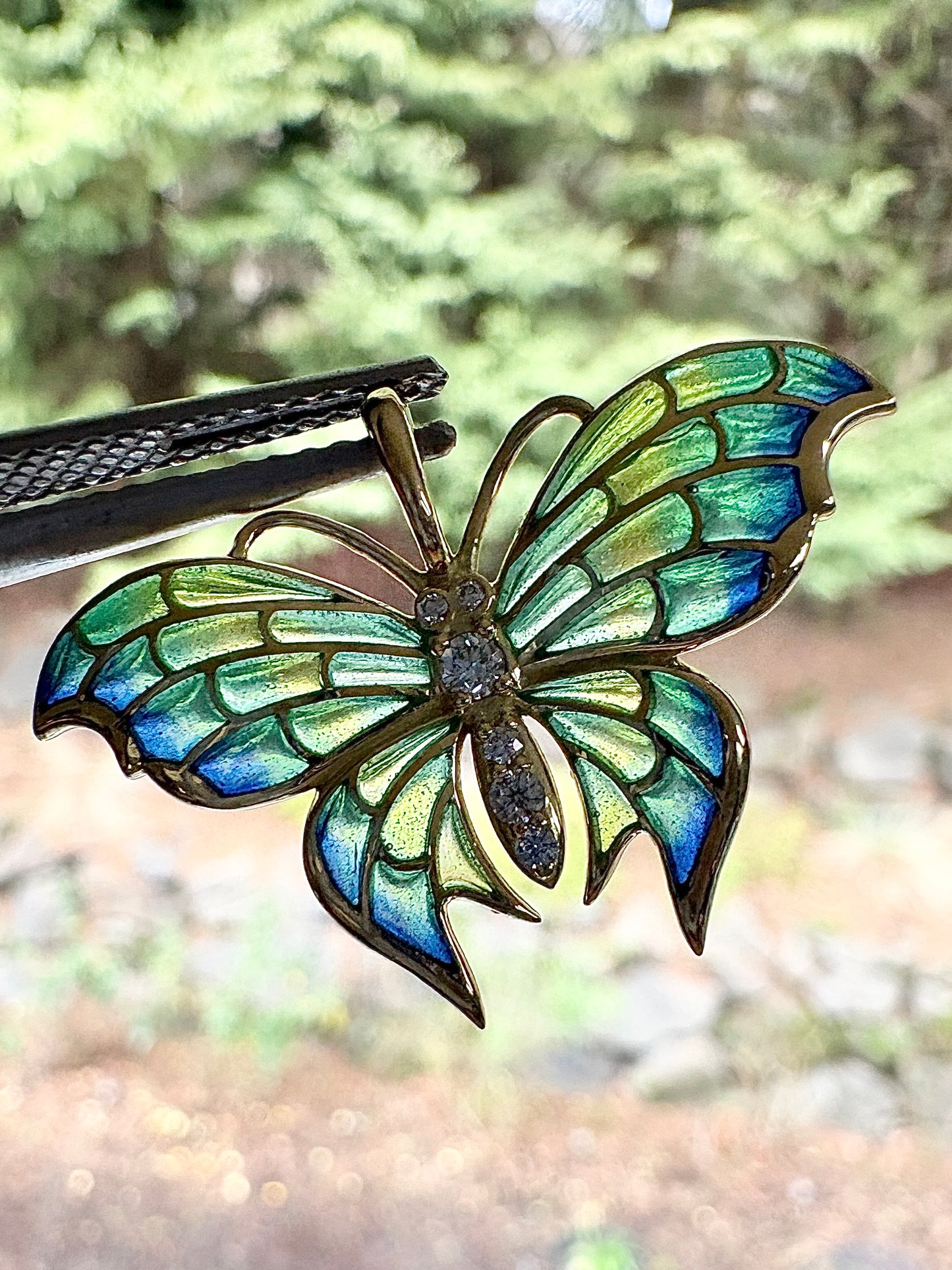 18K Blue Plique-a-Jour Butterfly Pendant-Diamonds