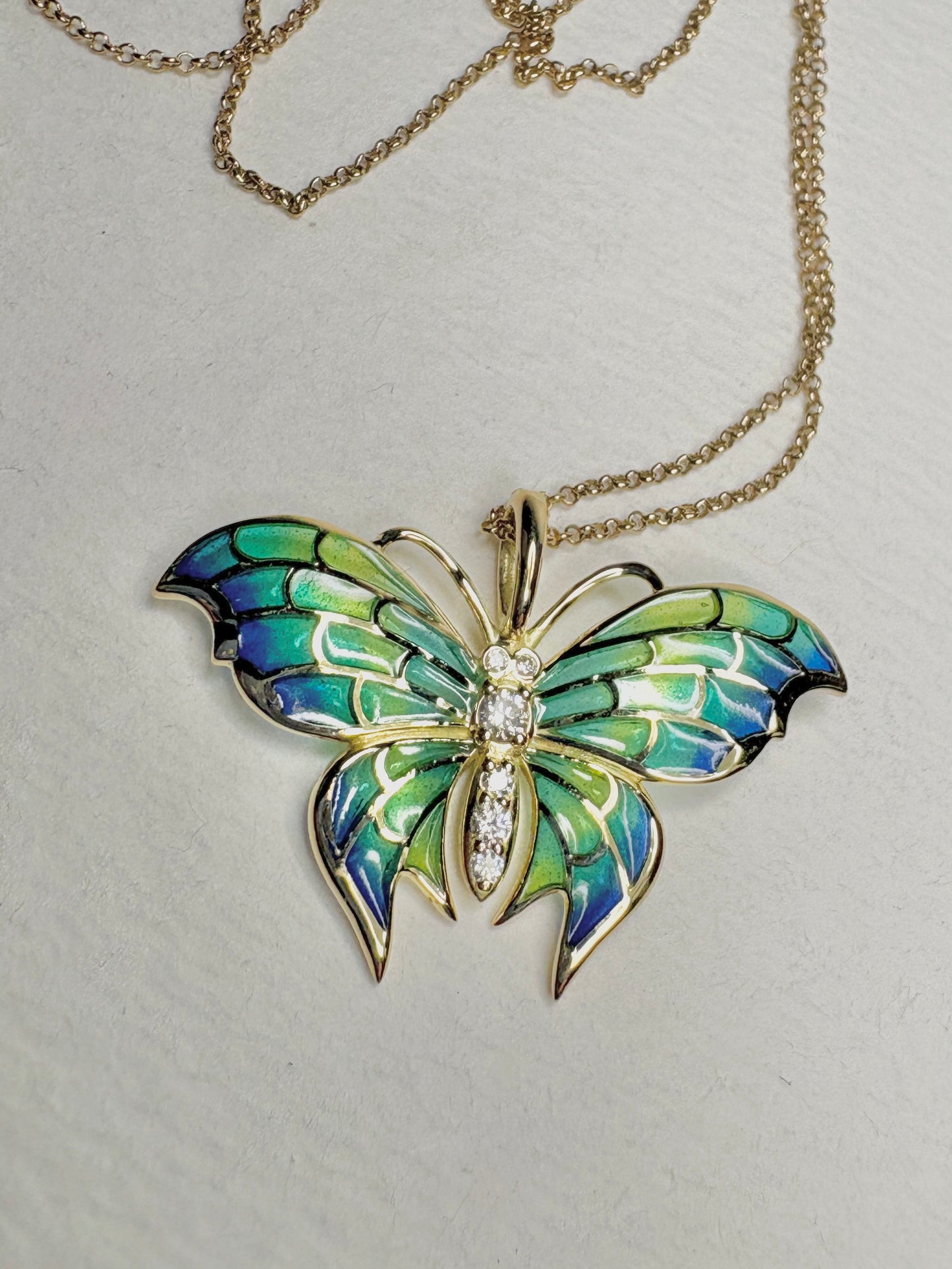 18K Blue Plique-a-Jour Butterfly Pendant-Diamonds