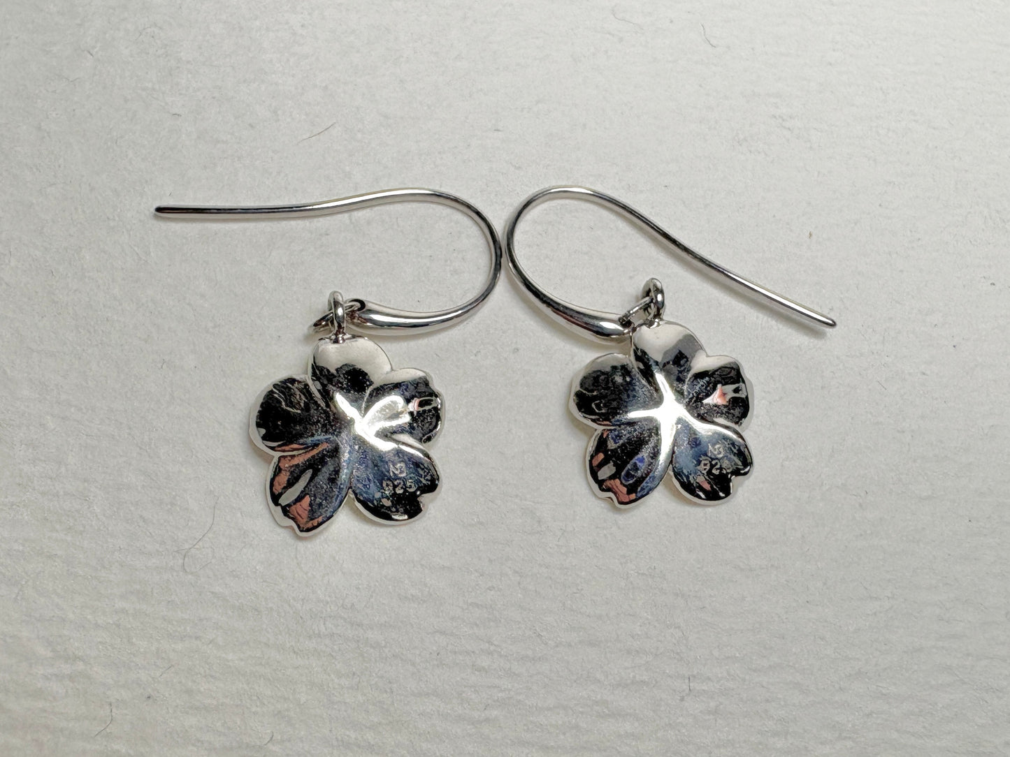 White Cherry Blossom Wire Earrings. Sterling Silver-Pink Sapphire