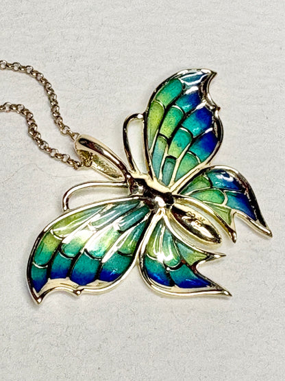 18K Blue Plique-a-Jour Butterfly Pendant-Diamonds