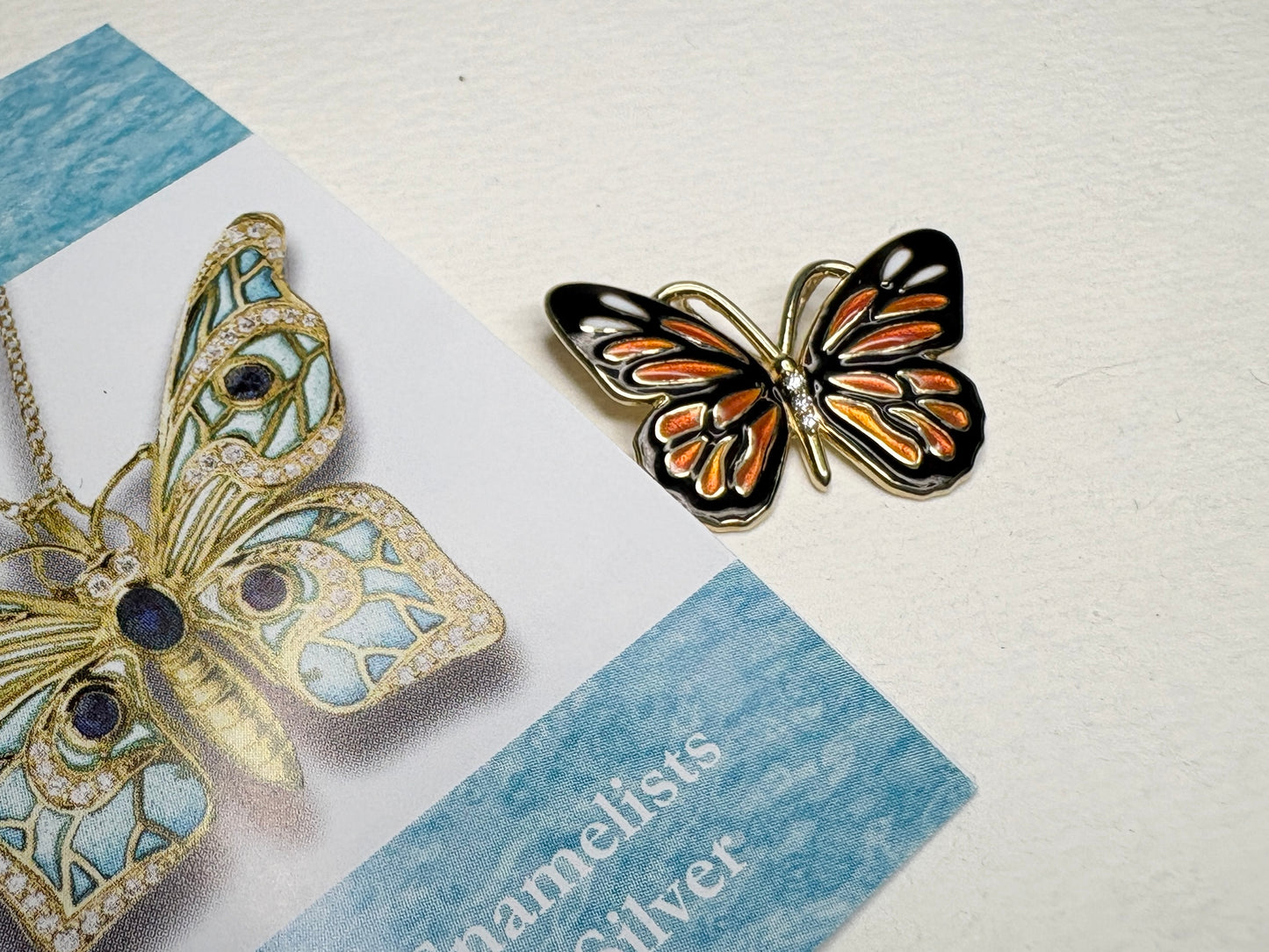 Silver.Gold Plated Monarch Butterfly Pendant. -Diamonds