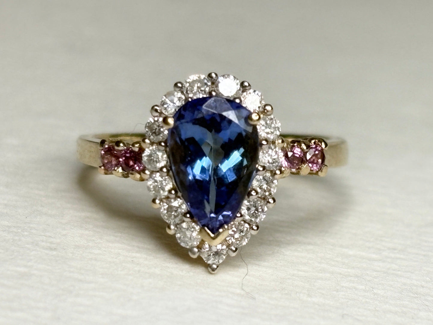 Natural Pear Tanzanite and Diamond Halo Ring Solid 14k Gold Ring size 6.25 - New Life Jewelry