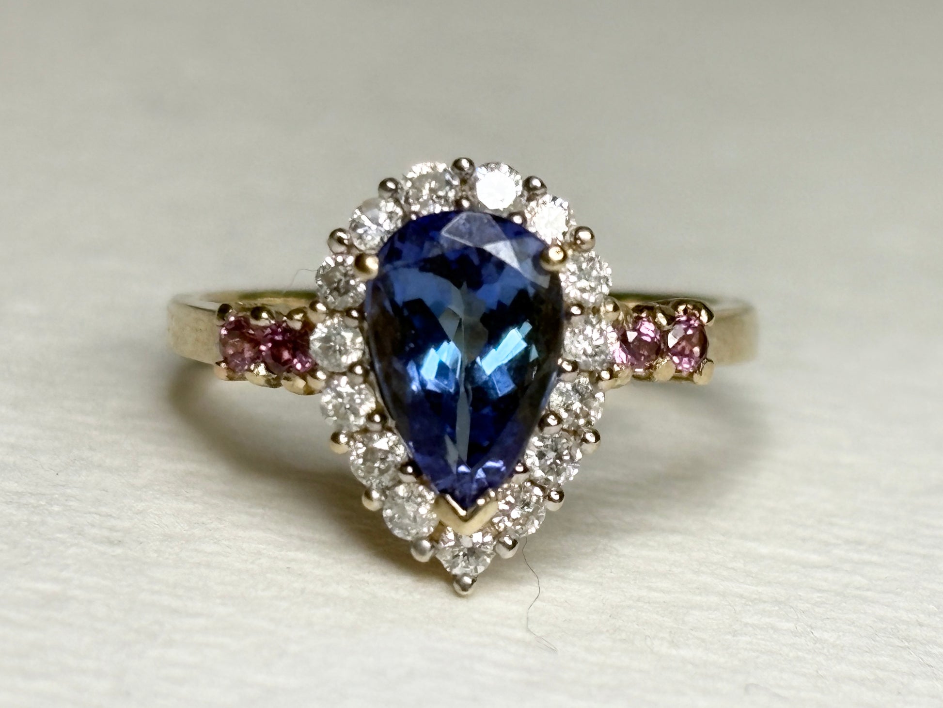 Natural Pear Tanzanite and Diamond Halo Ring Solid 14k Gold Ring size 6.25 - New Life Jewelry