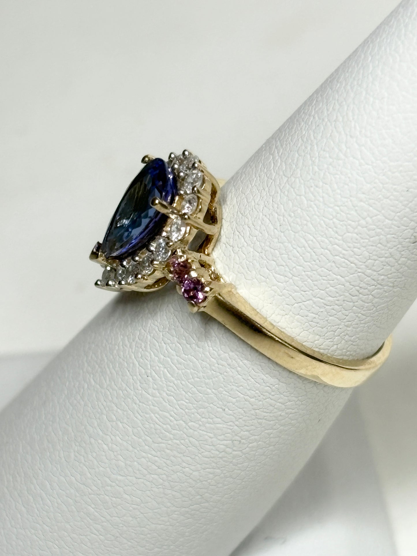 Natural Pear Tanzanite and Diamond Halo Ring Solid 14k Gold Ring size 6.25 - New Life Jewelry