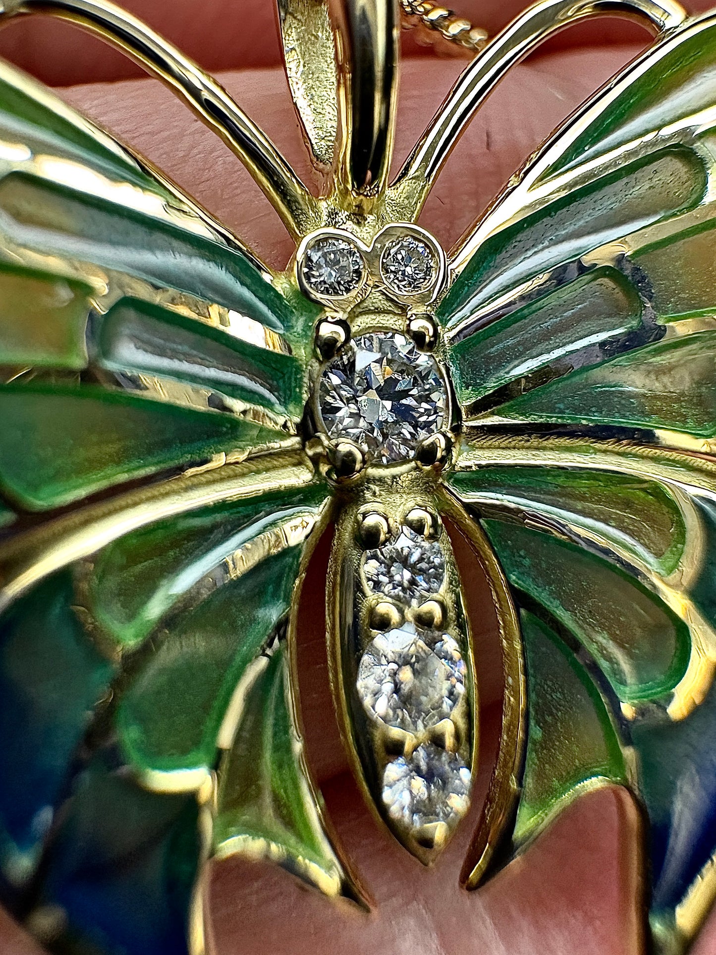 18K Blue Plique-a-Jour Butterfly Pendant-Diamonds
