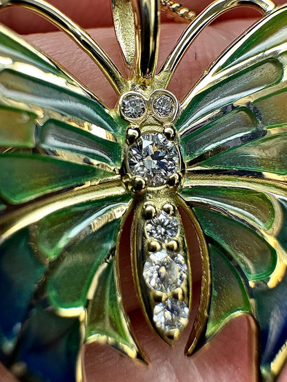 18K Blue Plique-a-Jour Butterfly Pendant-Diamonds