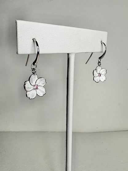 White Cherry Blossom Wire Earrings. Sterling Silver-Pink Sapphire