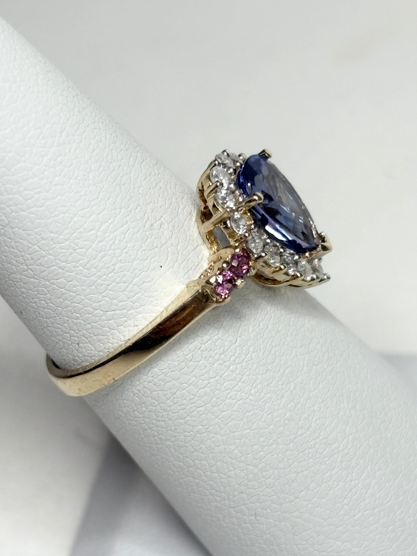 Natural Pear Tanzanite and Diamond Halo Ring Solid 14k Gold Ring size 6.25 - New Life Jewelry