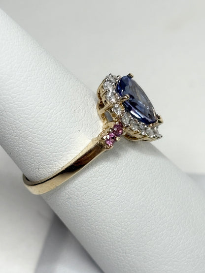 Natural Pear Tanzanite and Diamond Halo Ring Solid 14k Gold Ring size 6.25 - New Life Jewelry