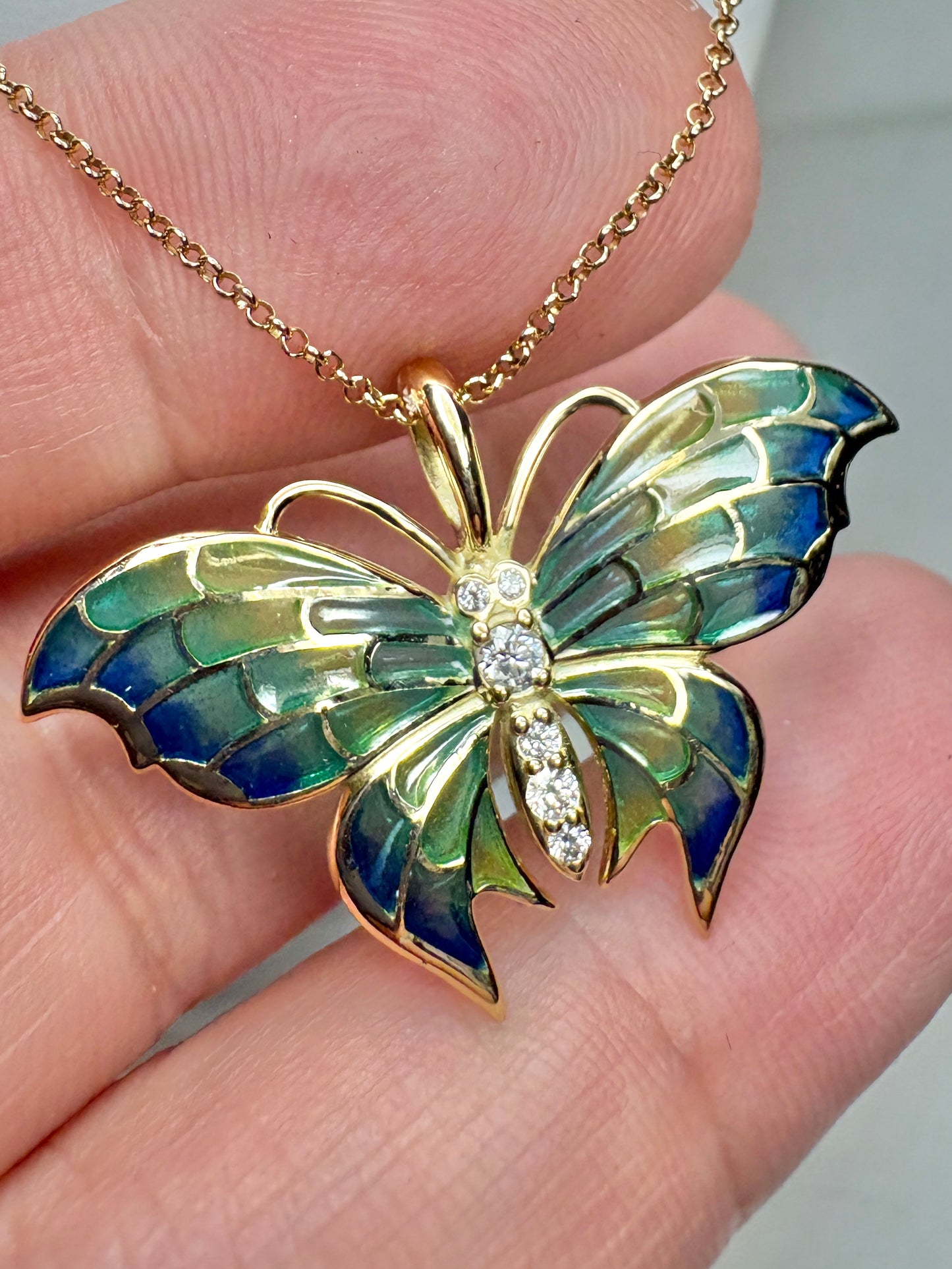 18K Blue Plique-a-Jour Butterfly Pendant-Diamonds