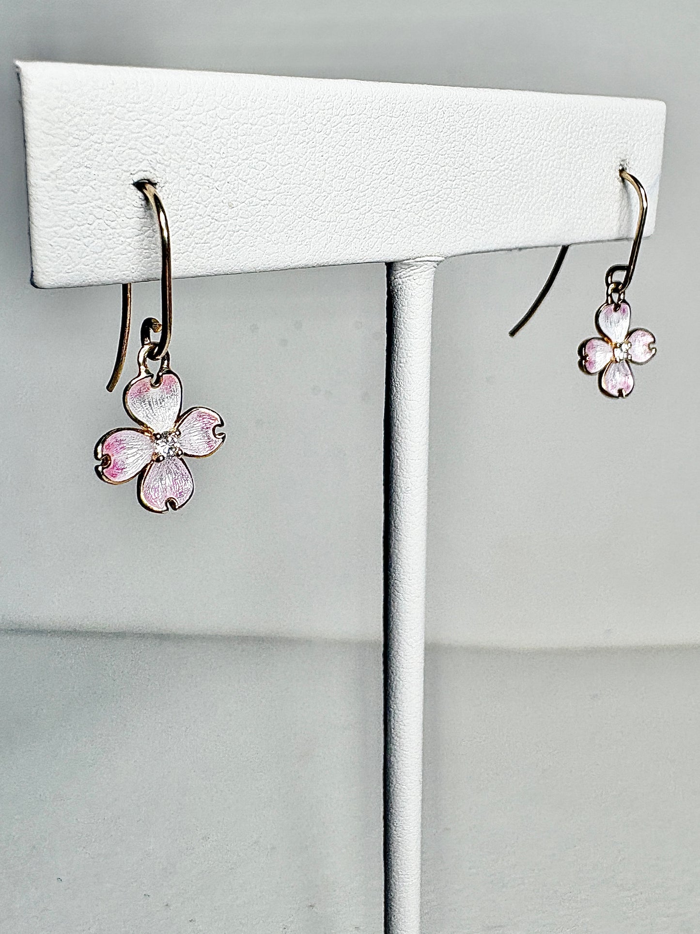 Silver.Gold Plated White Dogwood Wire Earrings. -Diamonds