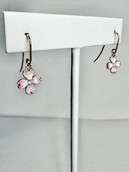 Silver.Gold Plated White Dogwood Wire Earrings. -Diamonds