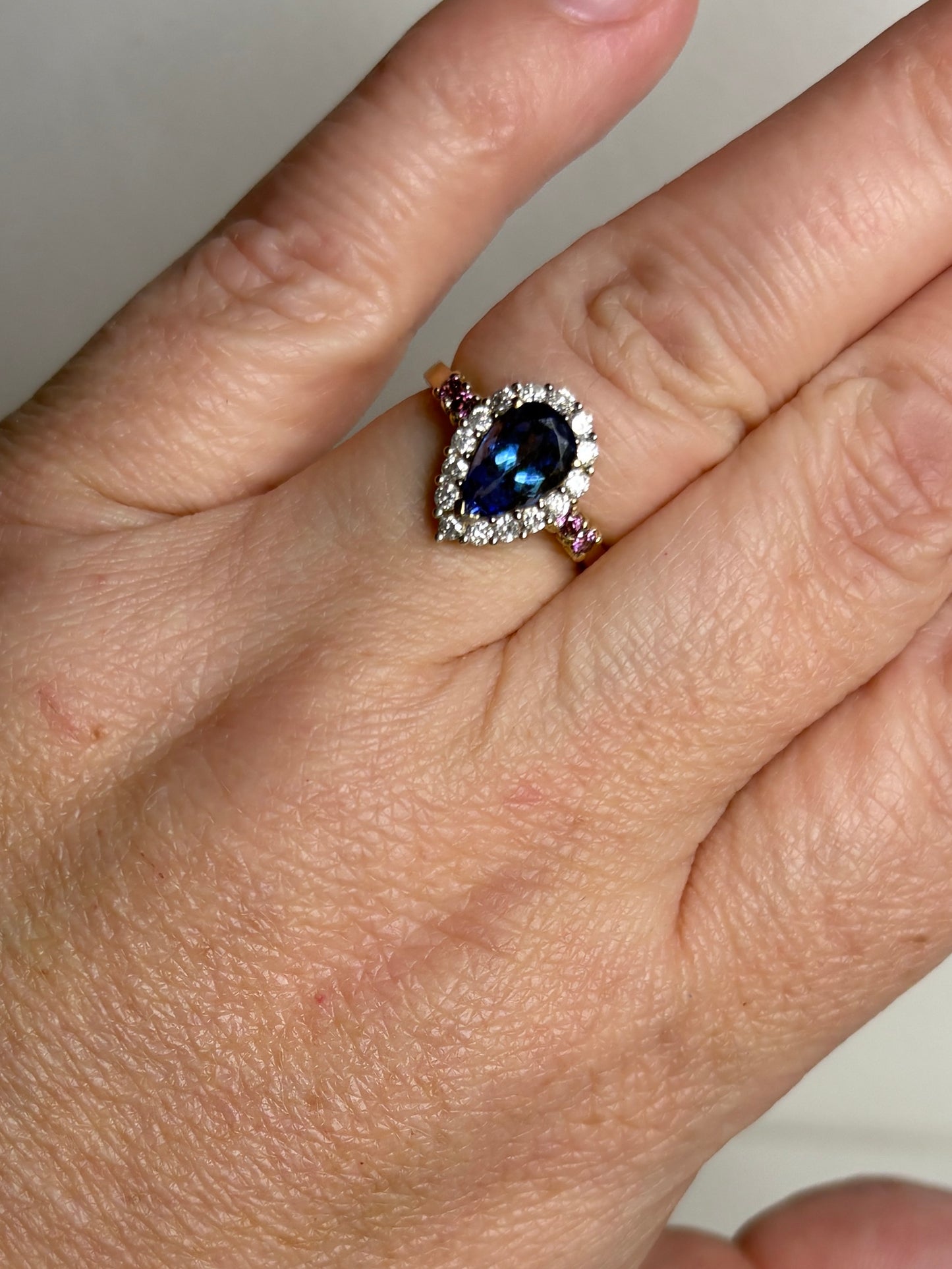 Natural Pear Tanzanite and Diamond Halo Ring Solid 14k Gold Ring size 6.25 - New Life Jewelry