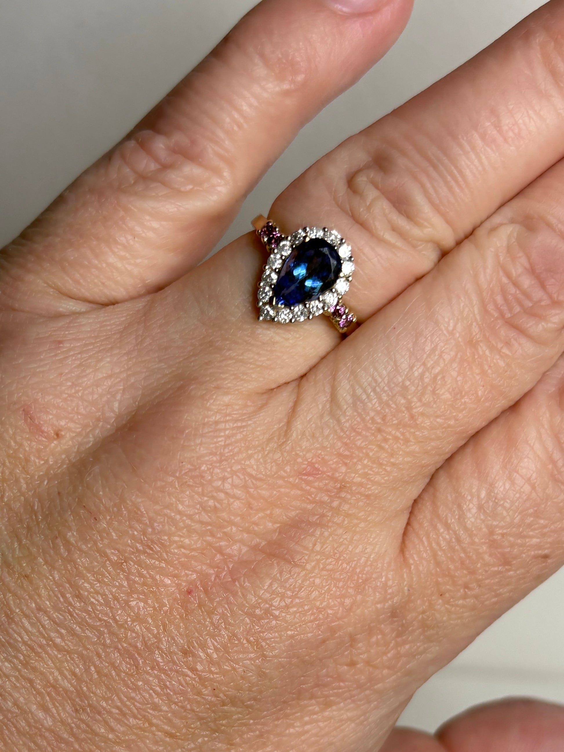 Natural Pear Tanzanite and Diamond Halo Ring Solid 14k Gold Ring size 6.25 - New Life Jewelry