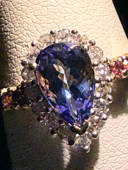 Natural Pear Tanzanite and Diamond Halo Ring Solid 14k Gold Ring size 6.25 - New Life Jewelry