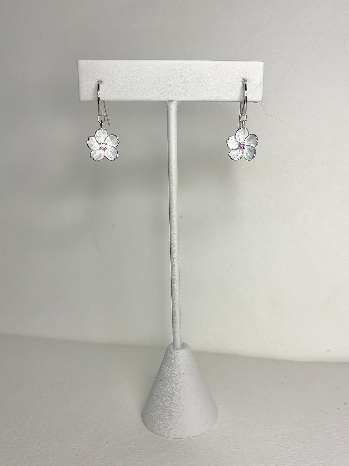 White Cherry Blossom Wire Earrings. Sterling Silver-Pink Sapphire