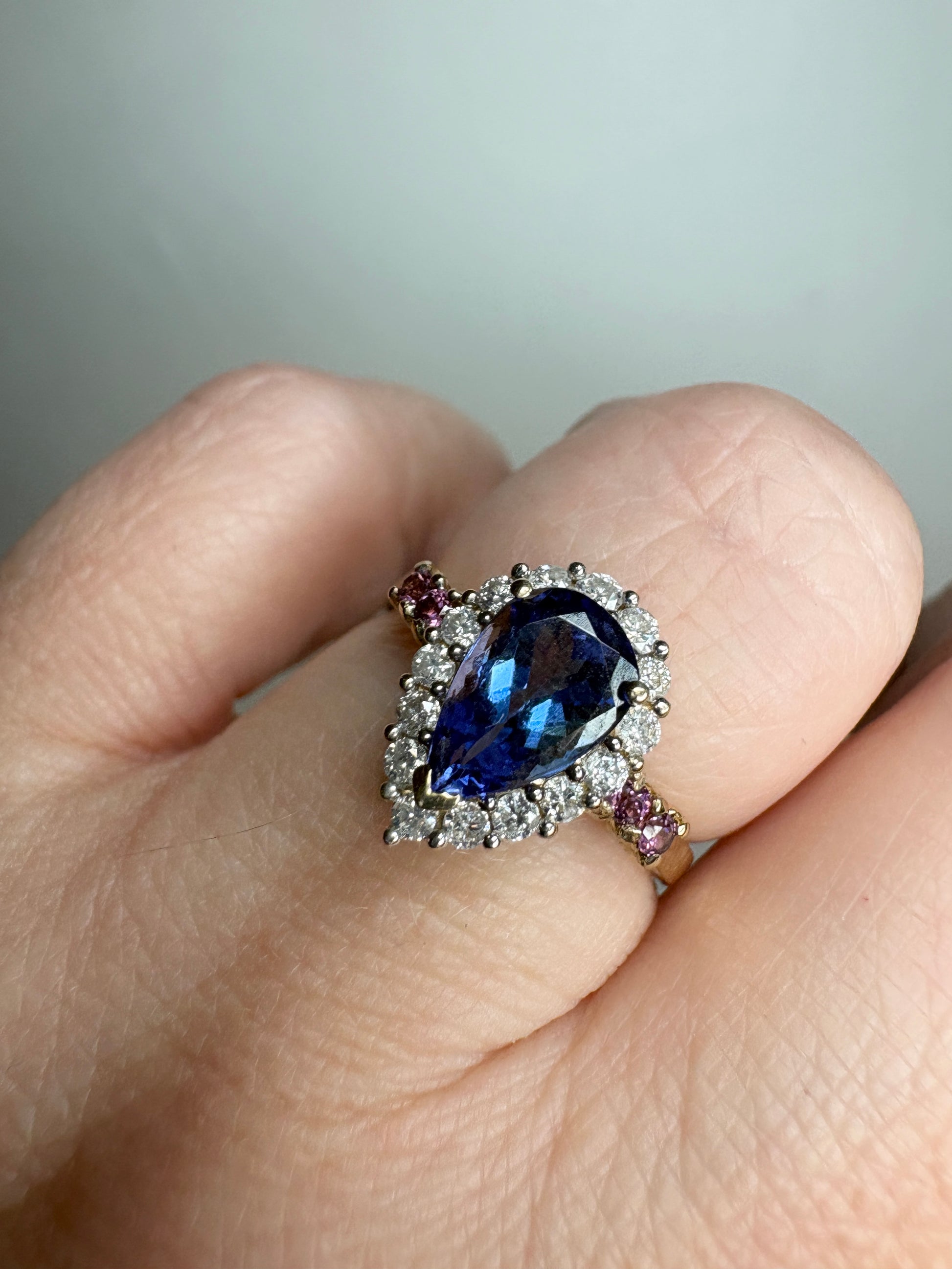 Natural Pear Tanzanite and Diamond Halo Ring Solid 14k Gold Ring size 6.25 - New Life Jewelry