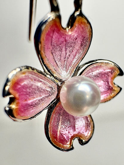 Pink Dogwood Wire Earrings-Akoya Pearls. Sterling Silver