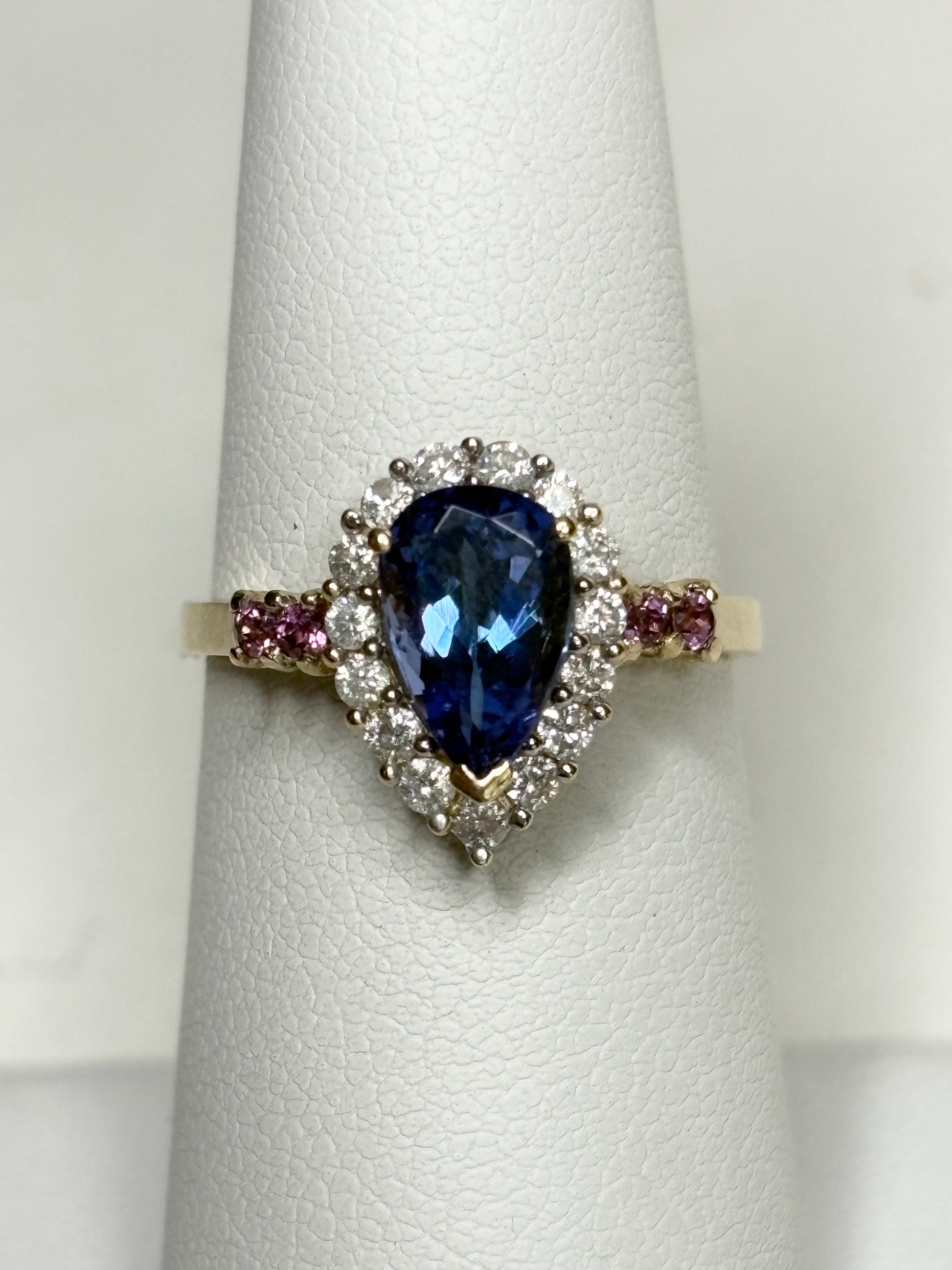 Natural Pear Tanzanite and Diamond Halo Ring Solid 14k Gold Ring size 6.25 - New Life Jewelry