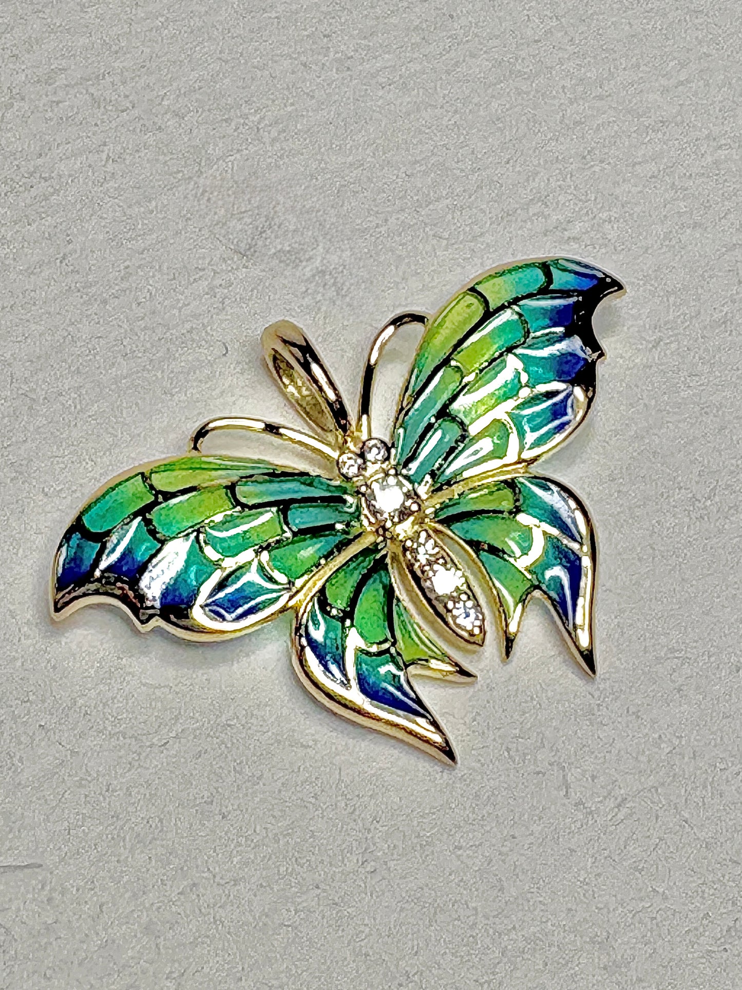 18K Blue Plique-a-Jour Butterfly Pendant-Diamonds