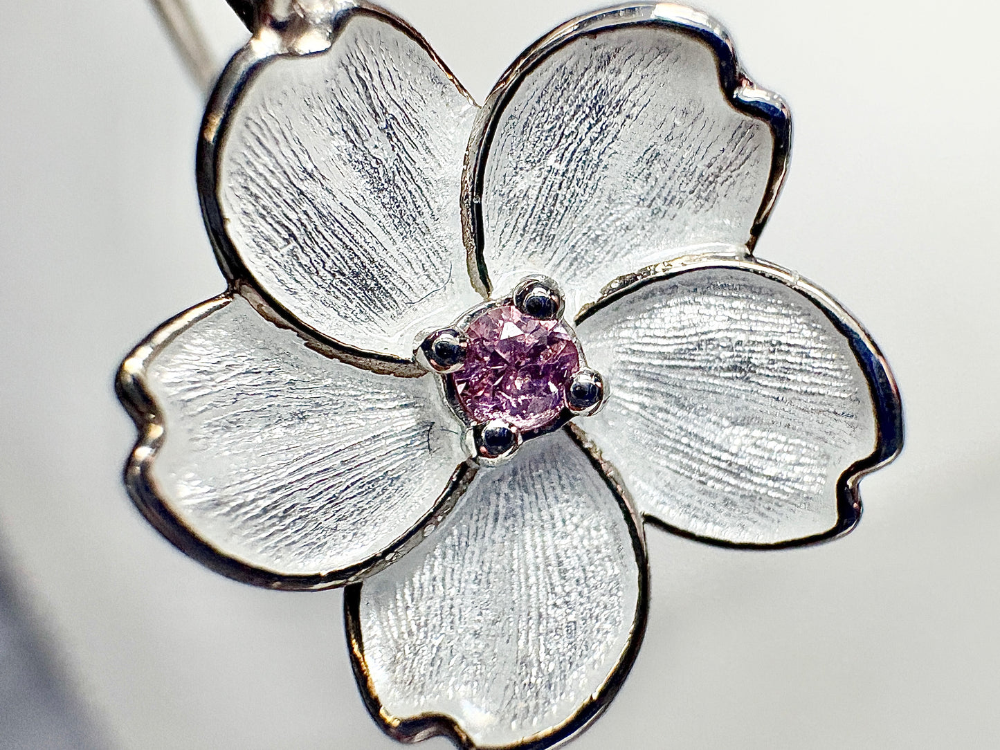 White Cherry Blossom Wire Earrings. Sterling Silver-Pink Sapphire