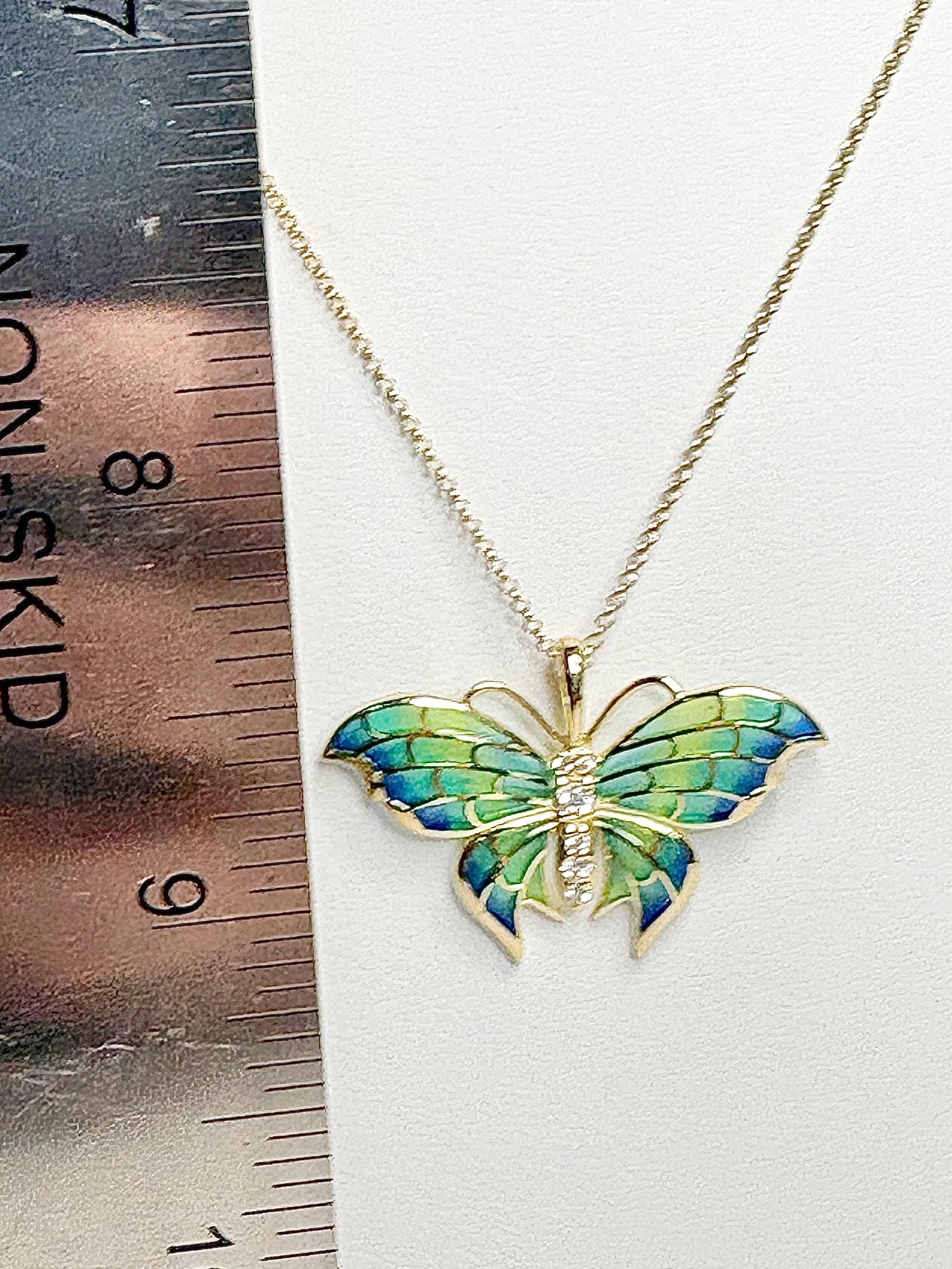 18K Blue Plique-a-Jour Butterfly Pendant-Diamonds