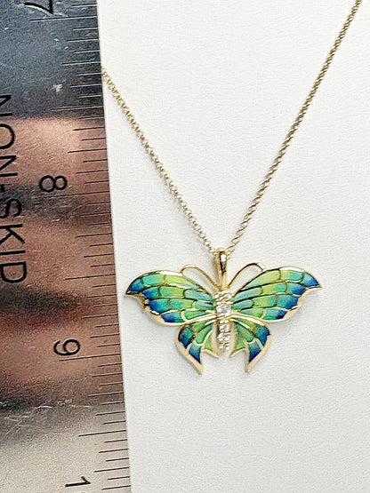 18K Blue Plique-a-Jour Butterfly Pendant-Diamonds