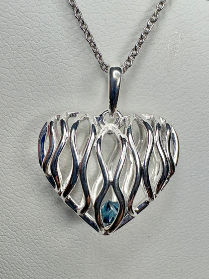 Natural Blue Diamond Free Floating Heart Pendant Necklace in Sterling Silver  1/5ct 18"
