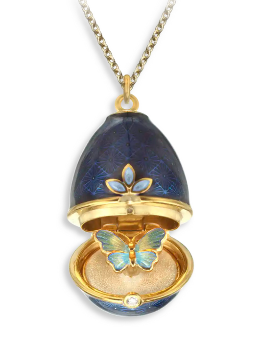 Opens. Silver. Gold Plated Blue Egg Locket with Butterfly Surprise. Diamond.