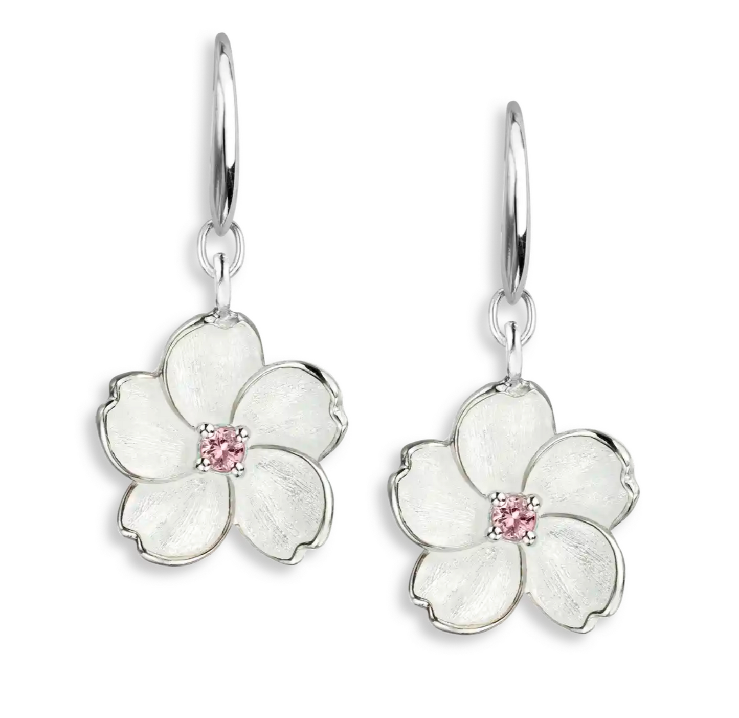 White Cherry Blossom Wire Earrings. Sterling Silver-Pink Sapphire