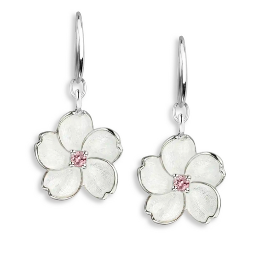 White Cherry Blossom Wire Earrings. Sterling Silver-Pink Sapphire