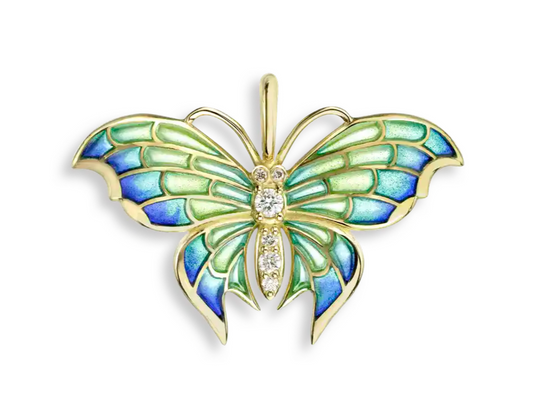 18K Blue Plique-a-Jour Butterfly Pendant-Diamonds