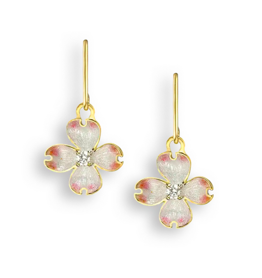 Silver.Gold Plated White Dogwood Wire Earrings. -Diamonds