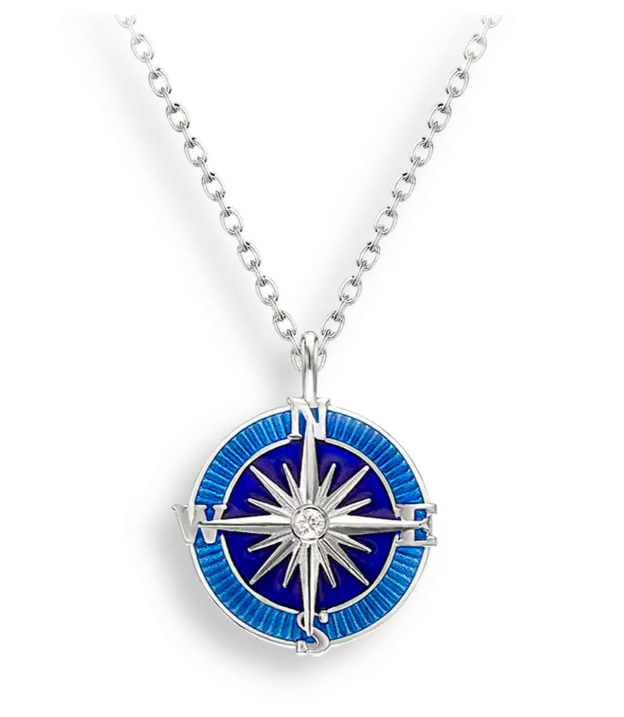Blue Compass Rose Necklace. Sterling Silver-White Sapphires