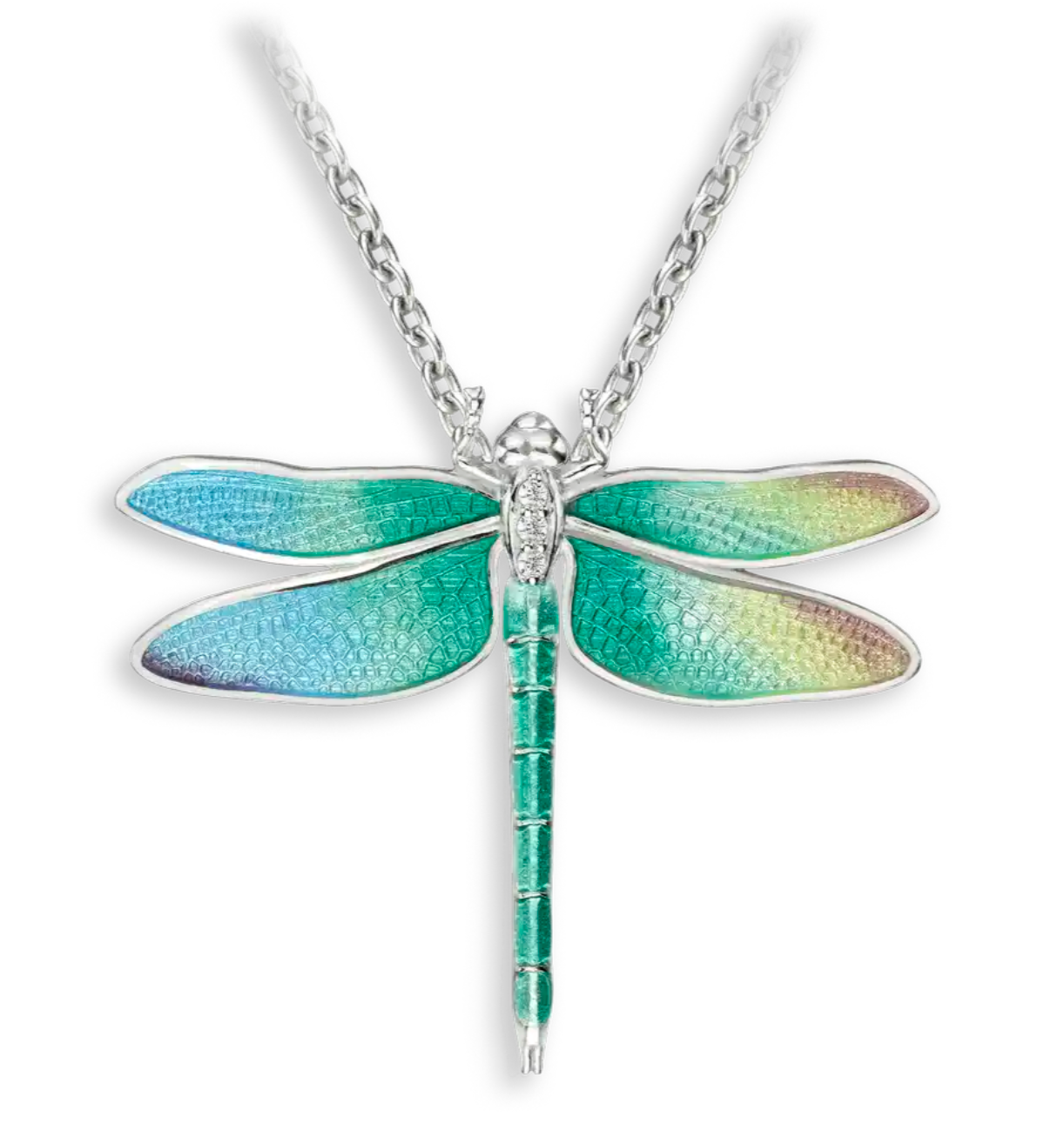 30mm Rainbow Dragonfly Necklace. Sterfling Silver-White Sapphires