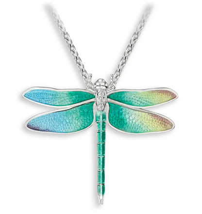 30mm Rainbow Dragonfly Necklace. Sterfling Silver-White Sapphires