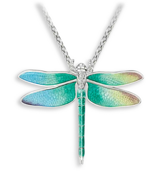 30mm Rainbow Dragonfly Necklace. Sterfling Silver-White Sapphires