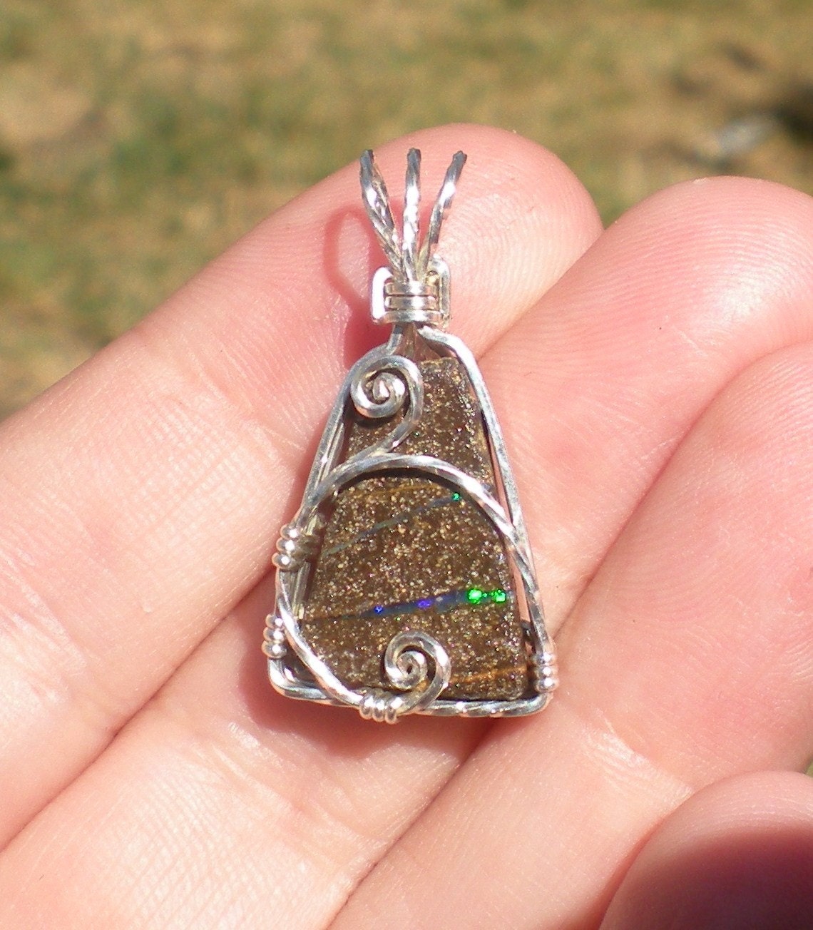 Koroit Boulder Opal sterling silver wire wrapped pendant