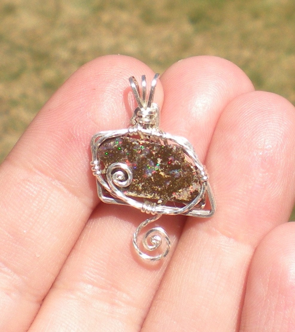 Koroit Boulder Opal Sterling Silver Wire Wrapped Pendant