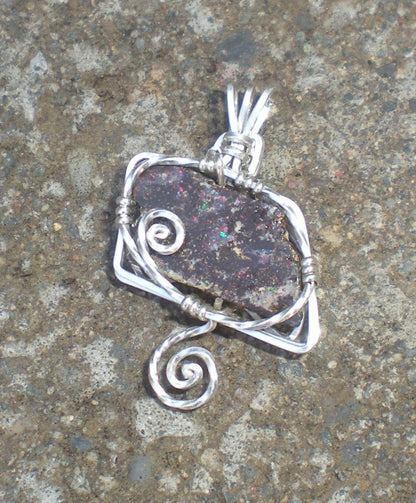 Koroit Boulder Opal Sterling Silver Wire Wrapped Pendant