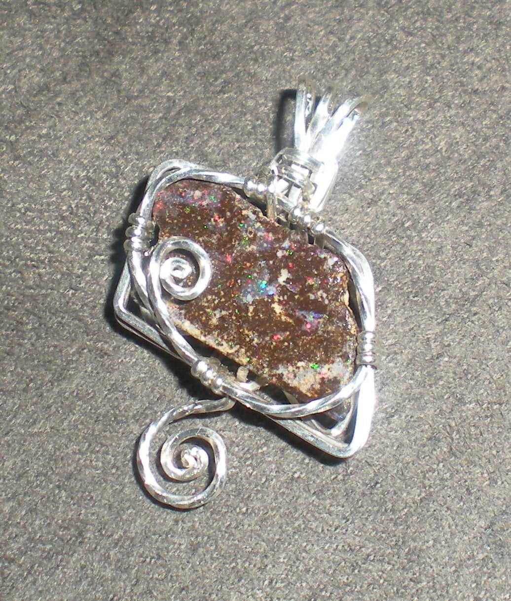 Koroit Boulder Opal Sterling Silver Wire Wrapped Pendant