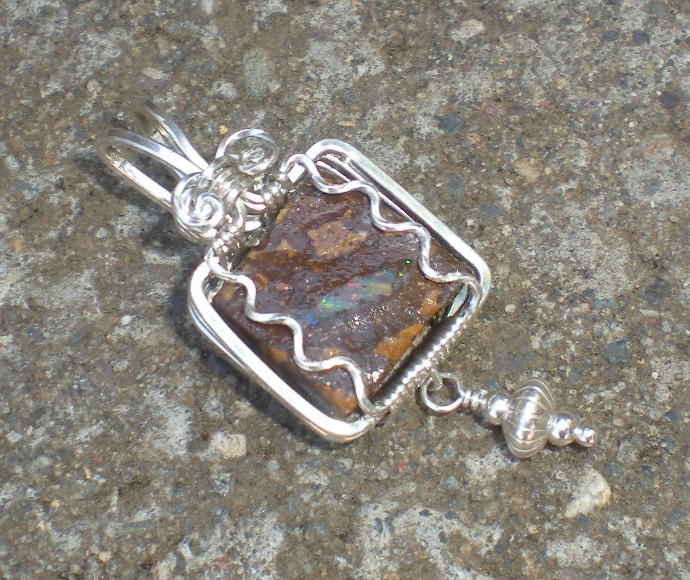 Koroit Boudler Opal Sterling silver wire wrapped pendant