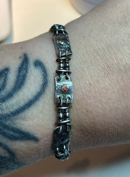 Multi color sapphire fine PMC silver and sterling hand forged station bracelet OOAK