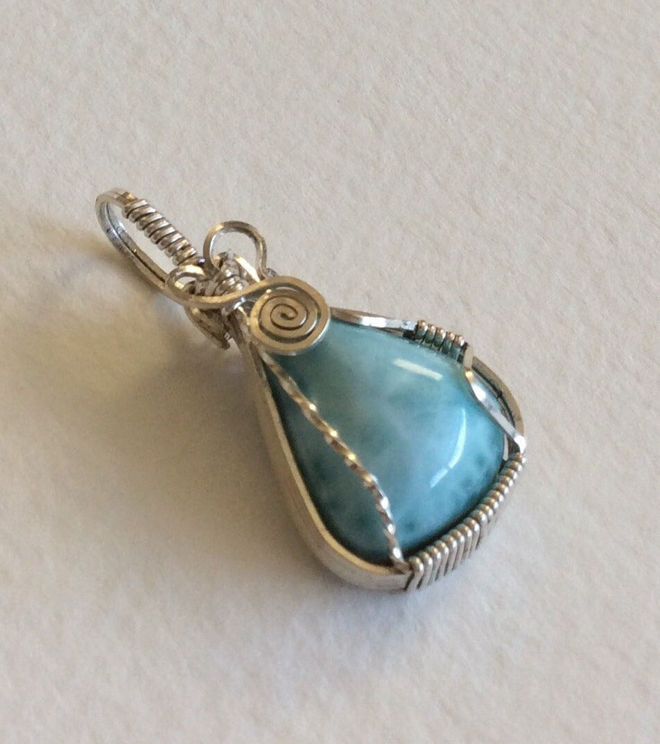 Larimar sterling silver wire wrapped pendant