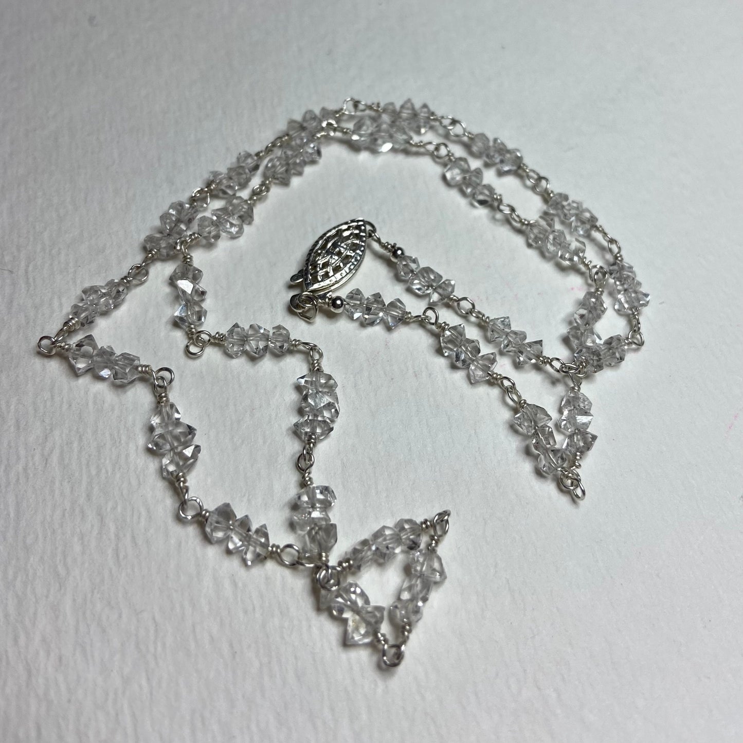 Sterling silver necklace with double terminated Herkimer diamond quartz crystals.