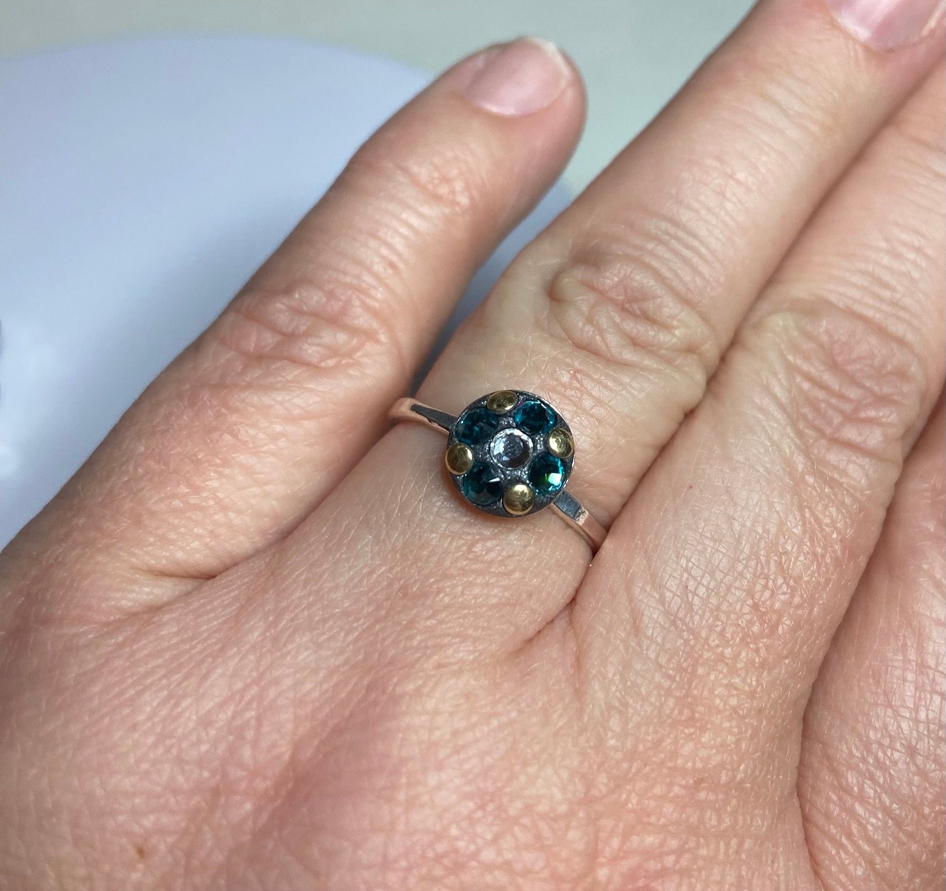 Sterling silver Swarovski and gold embellished stacking band rings in choice of color pink teal or clear