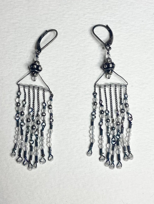 Rock crystal quartz beaded sterling silver fringe dangle drop earrings.